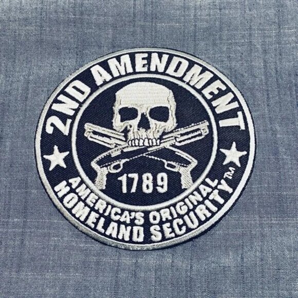 Dickies Button Up Shirt Men's Large Gray Modern Fit Chambray 2nd Amendment Patch - Picture 9 of 11